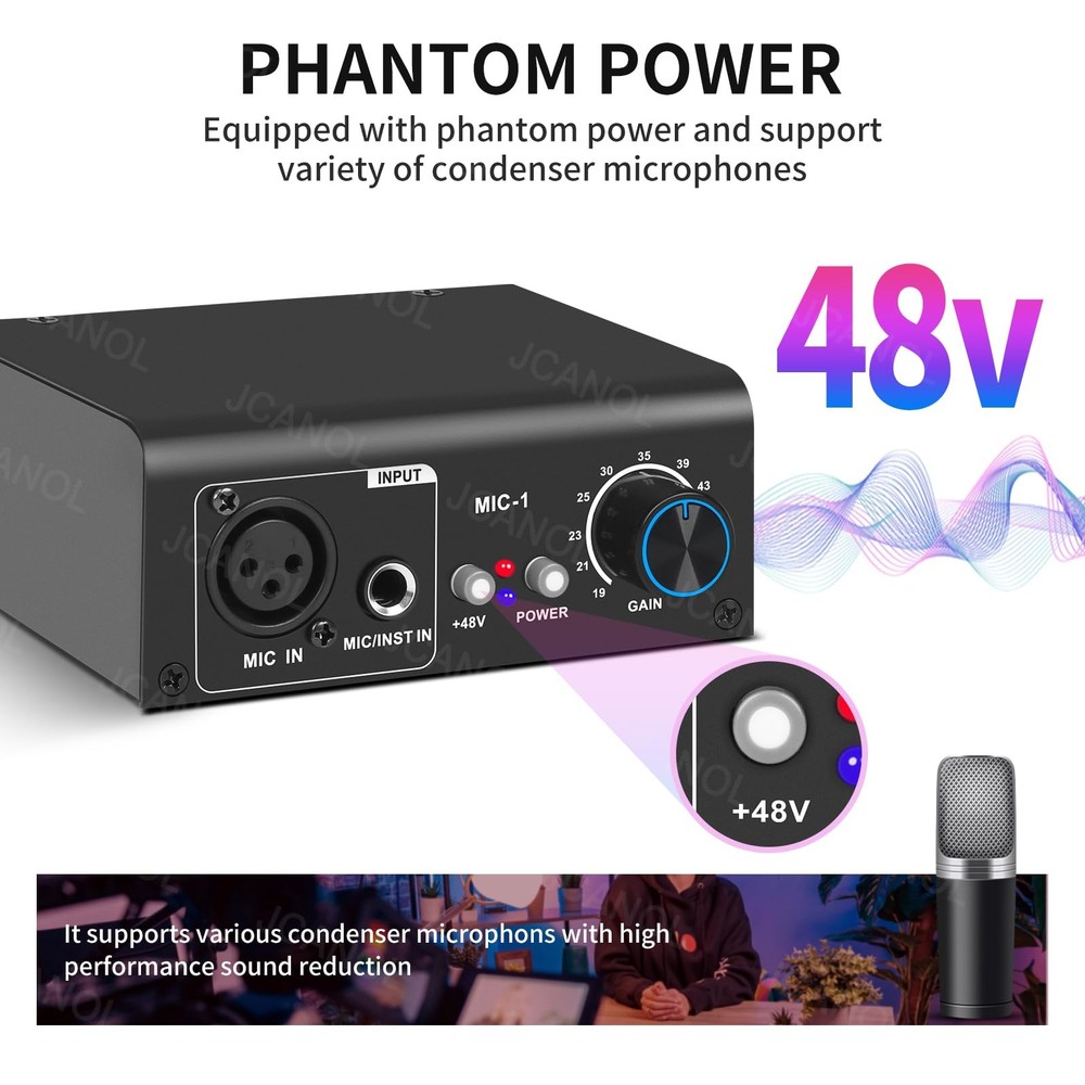 Microphone Preamp with 75dB Gain, 48V Phantom Power for Dynamic & Condenser Mic