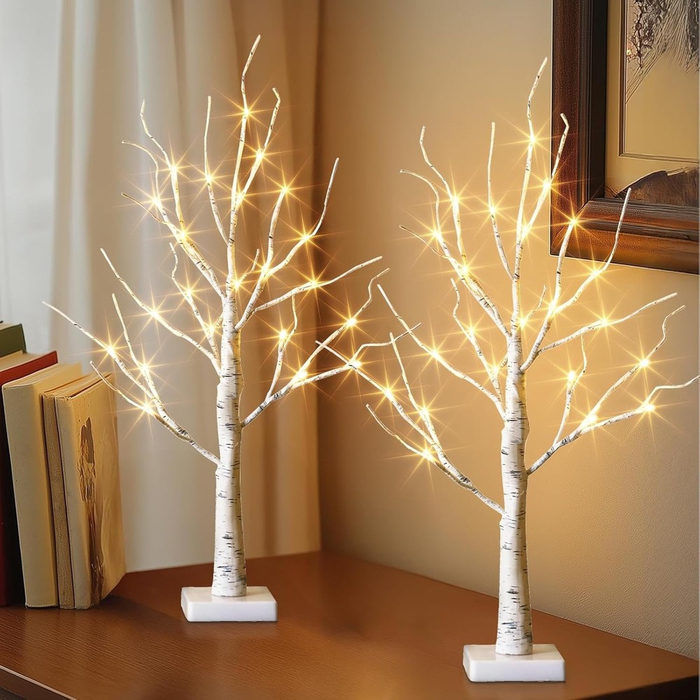 Lighted Birch Tree Easter Decorations 2FT White Mini Trees with 24 LED Lights