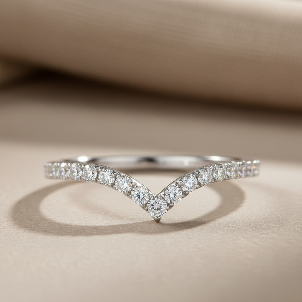 V Shaped Ring | Solid Silver Chevron Ring | | Thin Pave Wishbone Stacking Band
