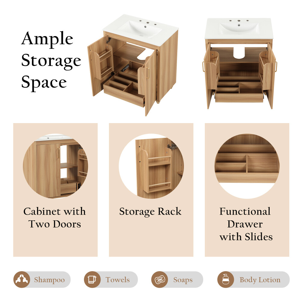 30"Multi-functional Bathroom Vanity with Sink Combo and Doors and Drawer Natural