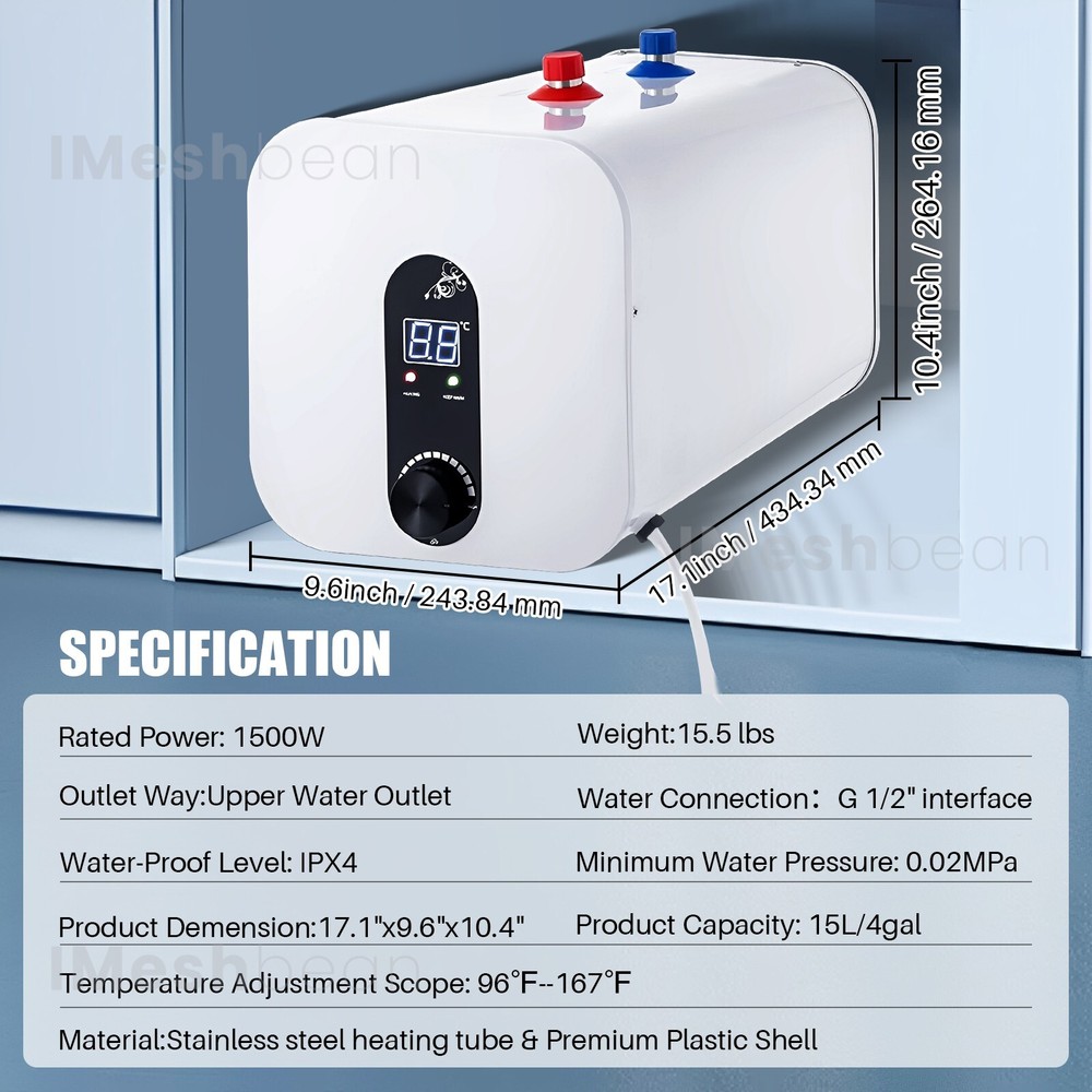 15L/4 Gall Instant Electric Hot Water Heater Shower Compact Mini-Tank Storage RV