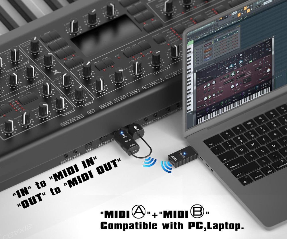 FORE K1 Wireless Bluetooth USB MIDI Interface, IN/OUT & Receiver,...