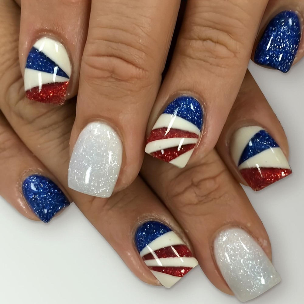 24PCS Independence Day Press on Nails Short Square Style 16, MultiColor
