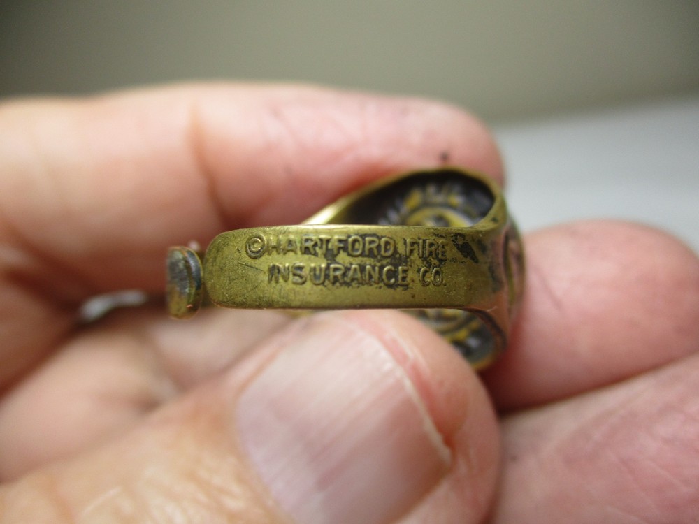 1950'S HARTFORD FIRE INSURANCE CO. JUNIOR FIRE MARSHALL BRASS RING ADJUSTABLE