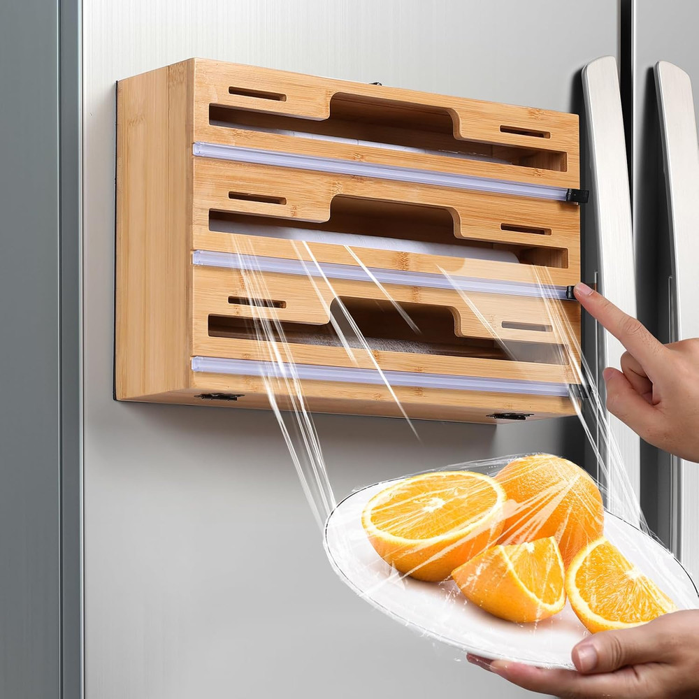 3-in-1 Magnetic Plastic Wrap Dispenser & Bamboo Organizer for Kitchen