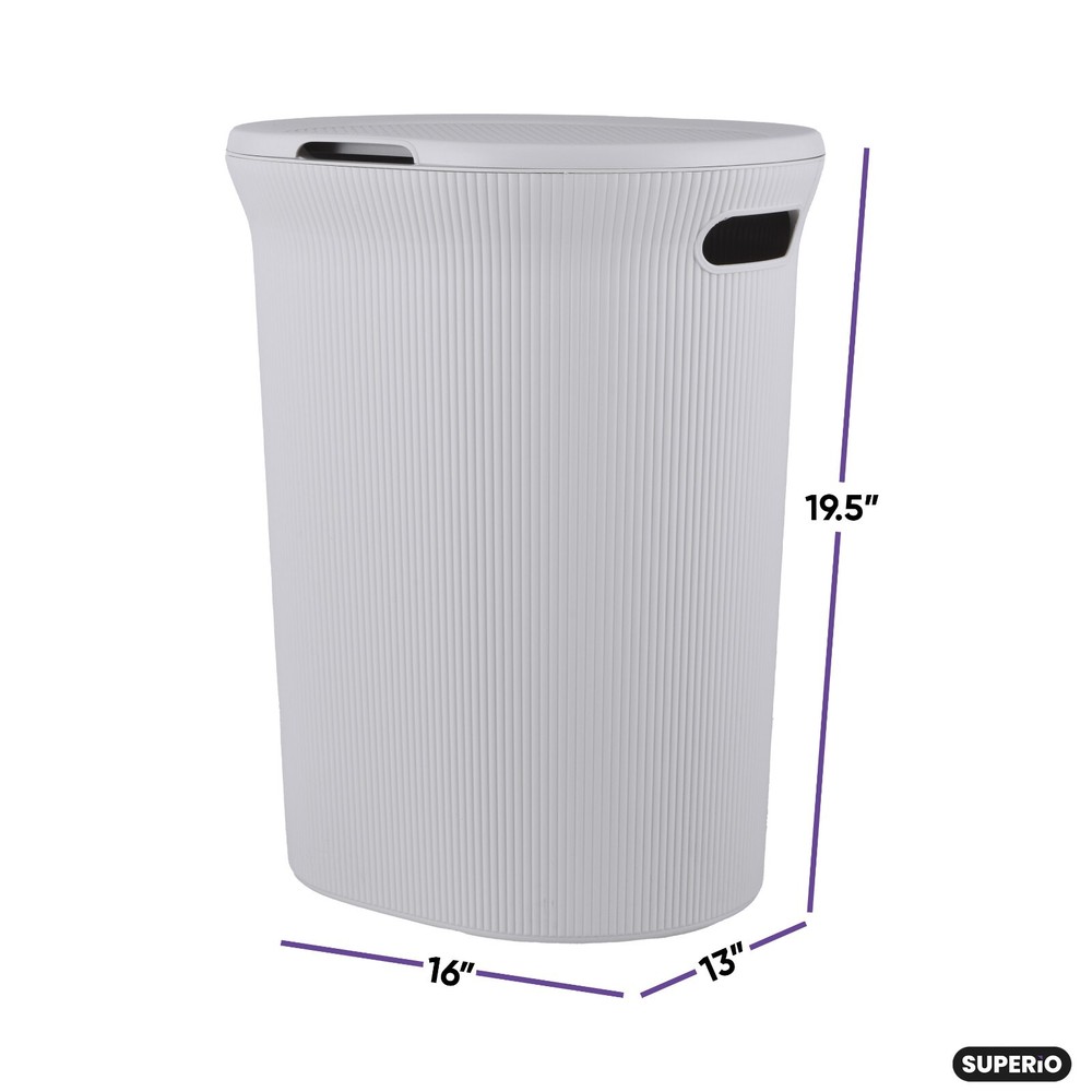 Superio Ribbed Plastic Laundry Hamper with Lid, Elegant-Smoke White