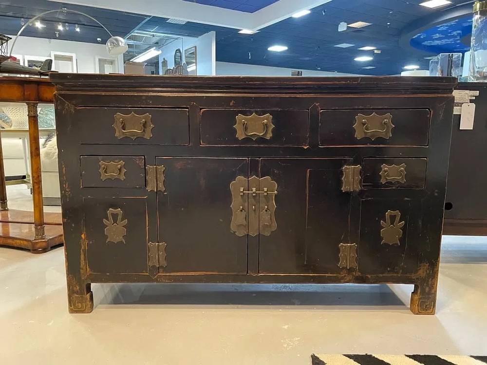 Antique Asian Black Lacquer Drawers Sideboard Buffet Credenza