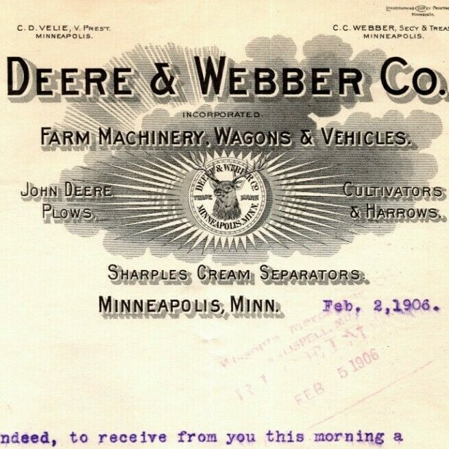 Scarce 1906 John Deere / Deere & Webber Letterhead - Details For Placed Order