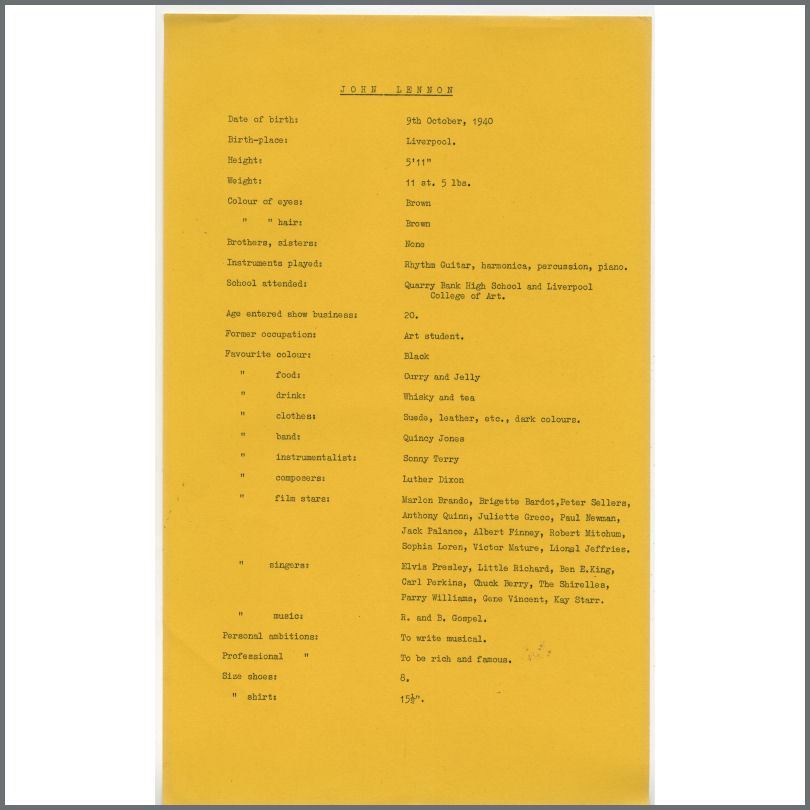 B24864 - Bob Wooler 1962 John Lennon Biography Sheet (UK)