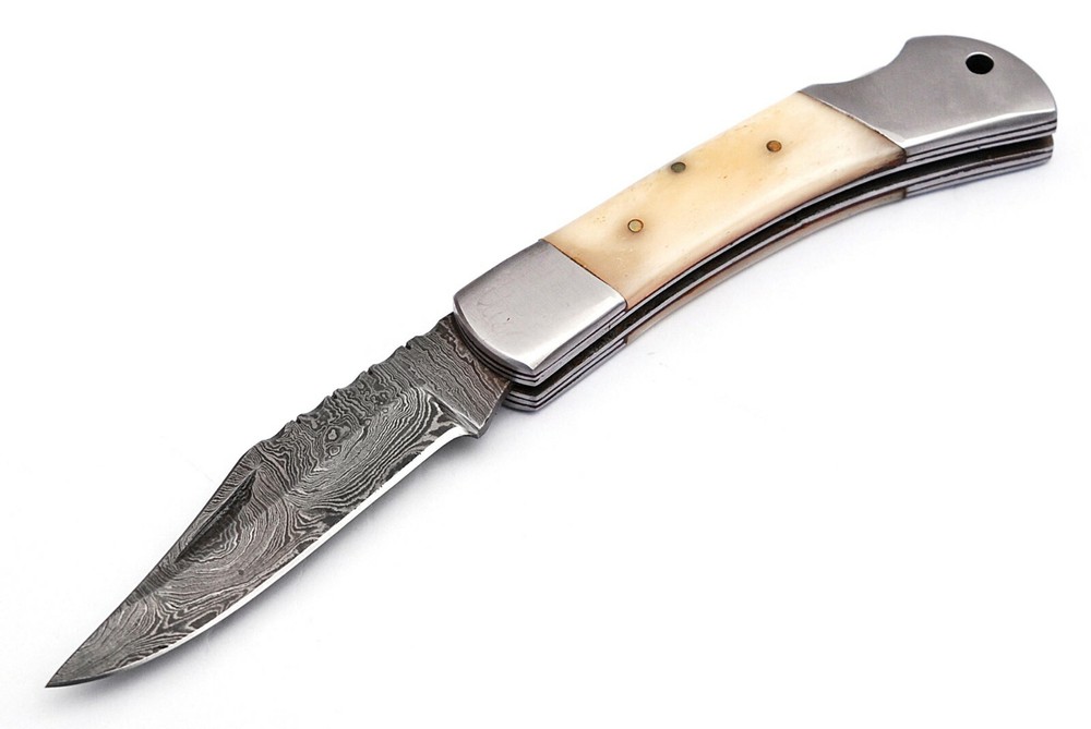 Handmade Damascus Folding Lock Back knife with Camel Bone Handle(CK1057)