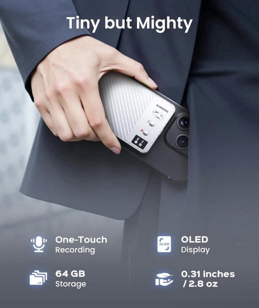 AUNGSEL Handheld Voice Recorder 64GB Flash Memory OLED Display Wireless Charging