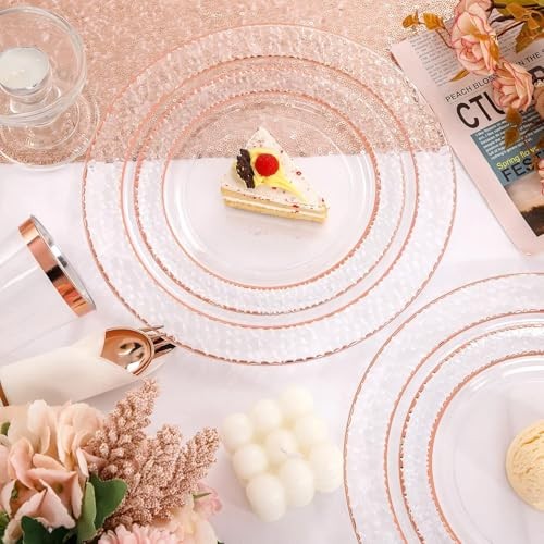 350PCS Rose Gold Plastic Plates-Disposable Plates 50 Guests include Clear Rose