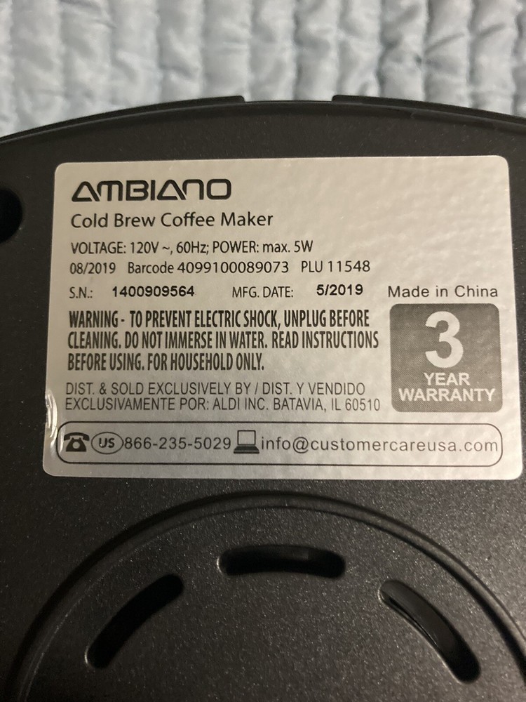 Ambiano Cold Brew Coffee Maker Model #11548 - Works Great