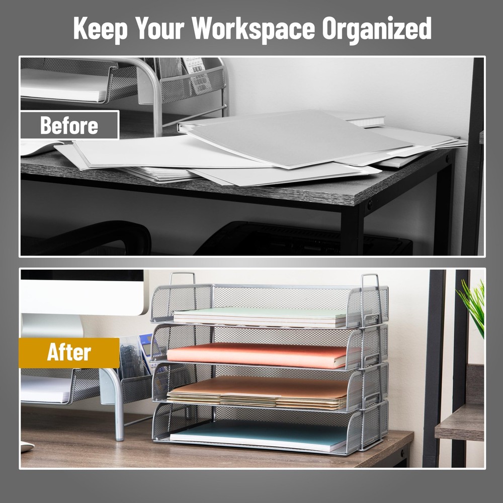 Stackable Tray, Desktop Organizer, File Storage, Office, Metal Mesh, 4 Pcs., ...