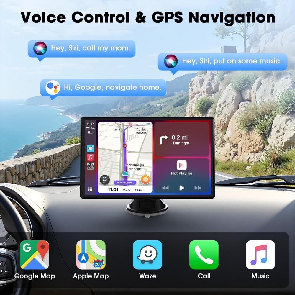 9" Wireless CarPlay & Android Auto Screen with Bluetooth Voice Control Portable