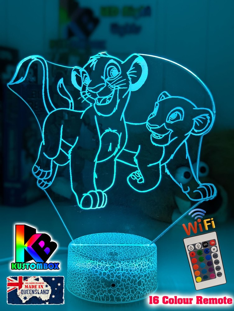LION KING SIMBA & NALA PERSONALISED NAME 3D LED USB NIGHT LIGHT 7 COLOUR REMOTE