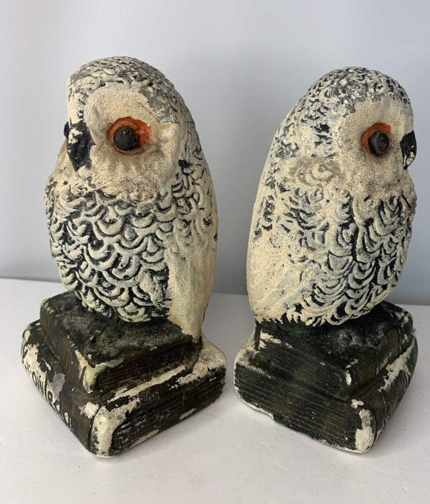 Chalkware Wise White Owl Bookends Knowledge MCM 6x4" Vintage
