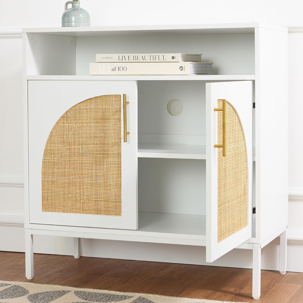 White Rattan Sideboard Buffet Cabinet - Stylish Accent Console Table