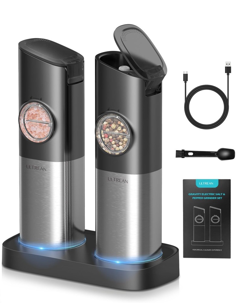Pepper Grinder Rechargeable Gravity Salt and with 6 Adjustable Coarseness LED