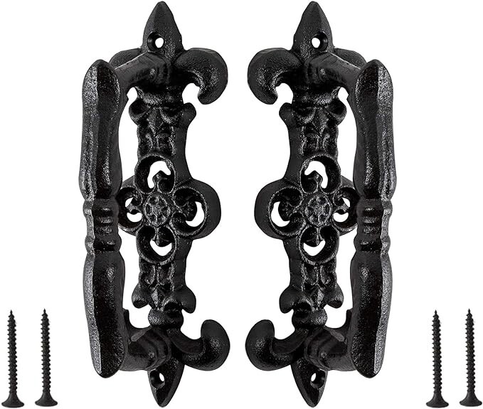 2 Large Victorian Door Handle Pull Cast Iron Fleur De Lis Accents Floral Rustic