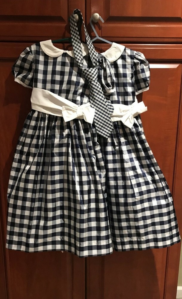 Hartstrings Twins Dresses +Tie BGG Holiday Blue White 5 6