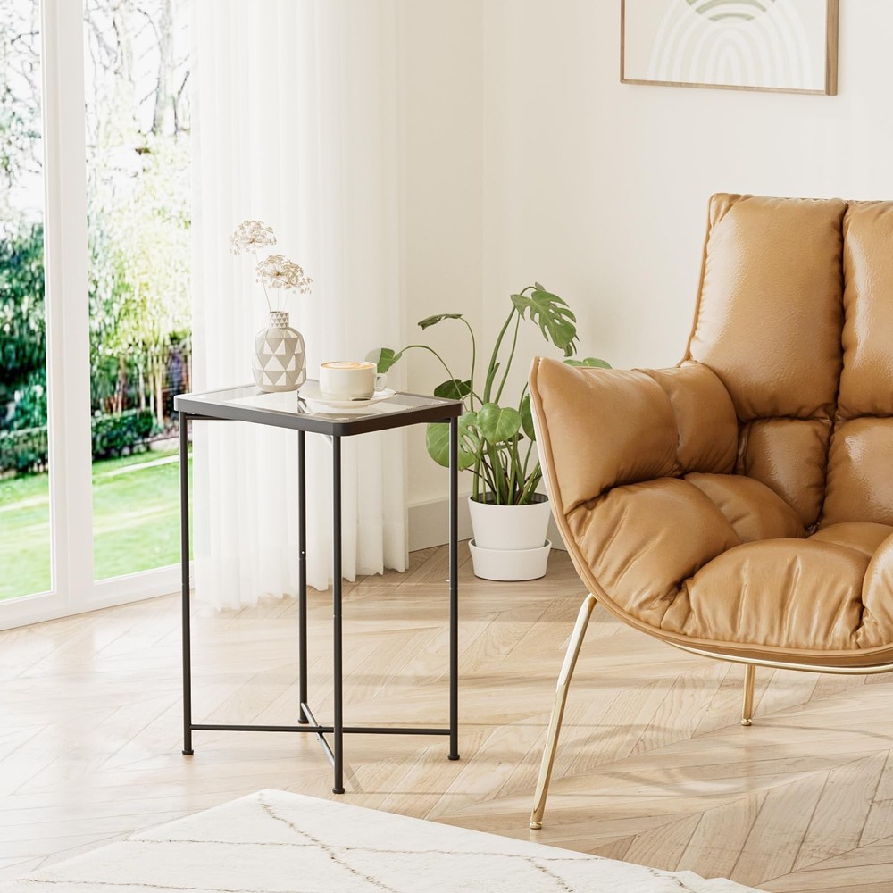 Small Side Table, Glass End Table, Outdoor Side Table with Metal Frame, Mini ...