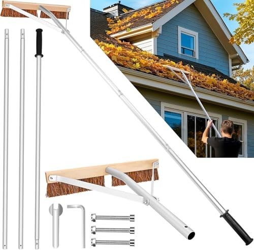 Adjustable 21 Ft Roof Brush & Rake Tool for Easy Leaf Removal, Lightweight & Com