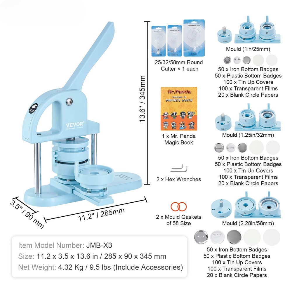 3-IN-1 Pin Buttons Maker Machine Arc Handle Punch Press Kit with Panda Patterns