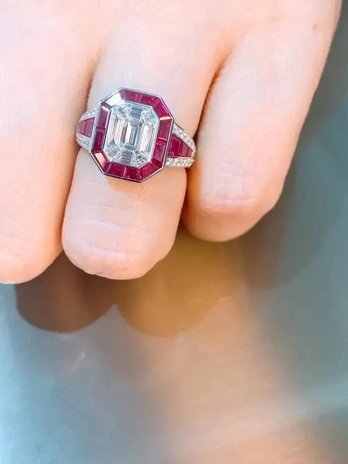Art Deco Style Lab Created Diamond & Ruby 14K White Gold Finish Engagement Ring