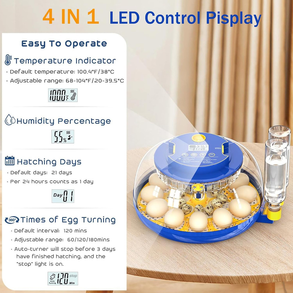 18 Egg Incubator with Automatic Egg Turning and Humidity Control,Water Refill,Eg