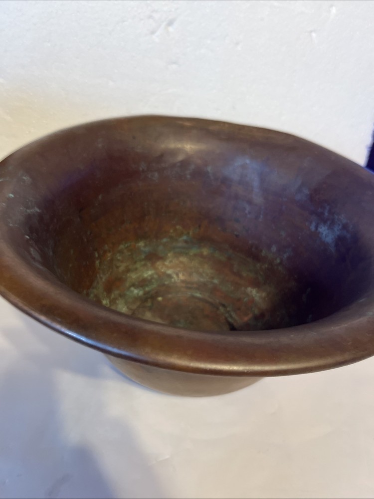 Primitive Copper Mixing Basin Rounded Base Rolled Rim Patina