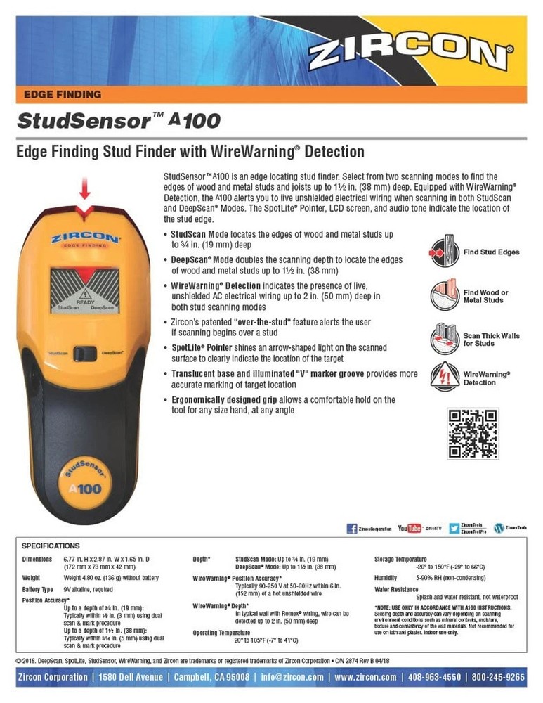 Zircon StudSensor A100 Wall Scanner and Center/Edge Locating Stud Finder