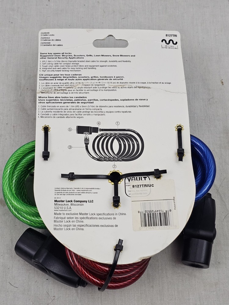 NEW 6FT MASTER BIKE LOCK 3 PACK SAME KEY SET 8127TRI