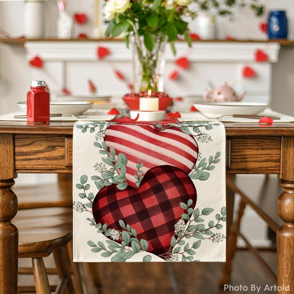 Eucalyptus Hearts Valentine's Day Table Runner, Holiday Kitchen Dining Table Dec