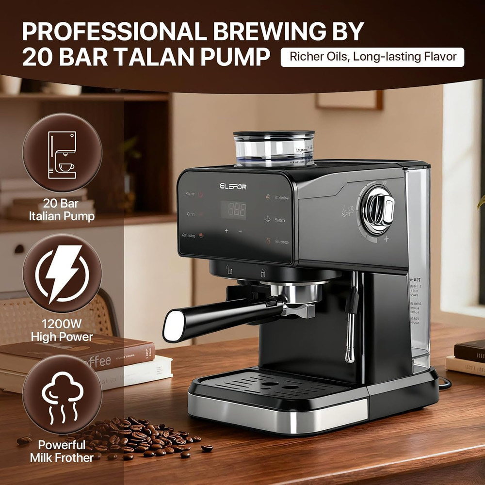 20 Bar Espresso Machine & Grinder - Black Coffee Maker