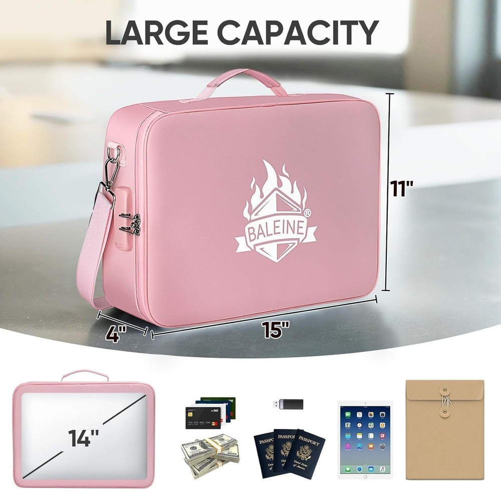 Fireproof Waterproof Document Box with Lock Pink 15x11x4 File Organizer