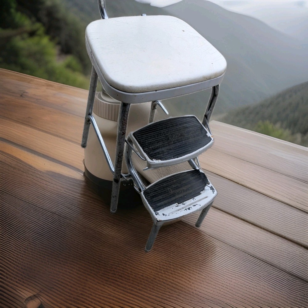 Vintage Aged White Cosco Step Stool Unique Back