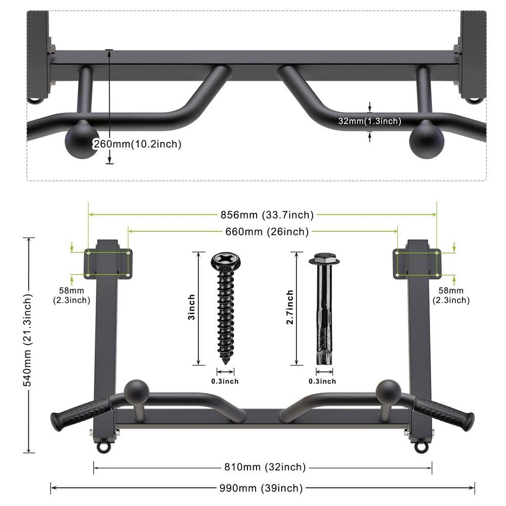 32" Ceiling Mounted Pull Up Bar - Heavy Duty, Highly Adjustable, Multifunctio...