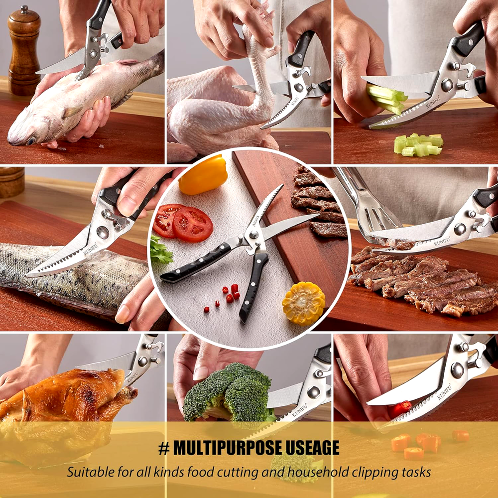 KUNIFU Multi-Function Poultry Shears Spring Loaded Heavy Duty Sharp Stainless