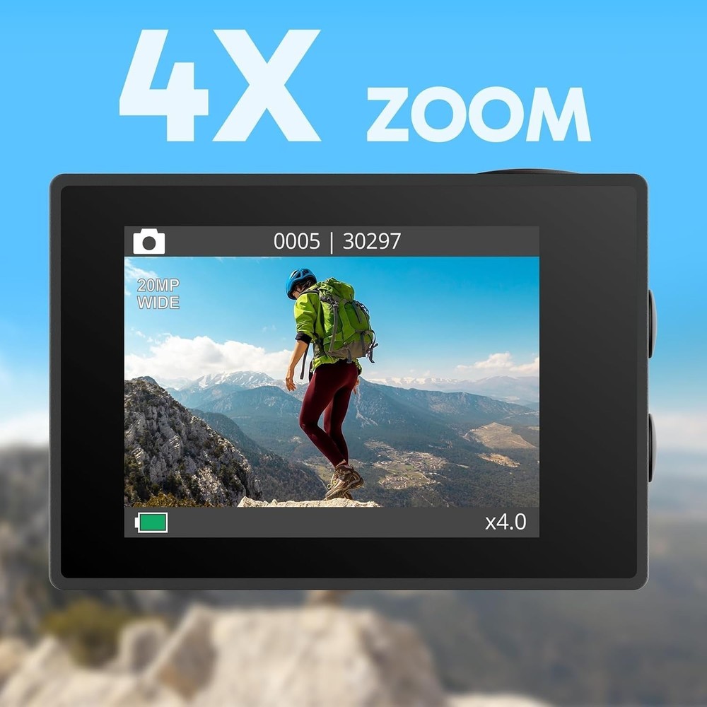 EK7000 4K 30FPS Action Camera, 20MP EIS, 131ft Waterproof, WiFi Remote Control