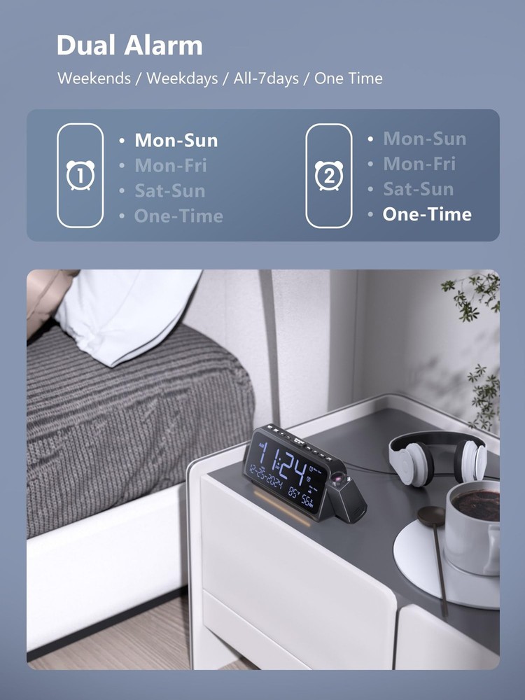 Projection Alarm Clock,Digital Clock with 350° Rotatable Small, White