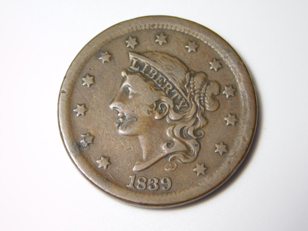 OLD US COIN 1839 DIE BREAK ERROR CORONET HEAD LARGE CENT