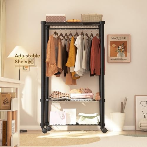 Moogiitools Heavy Duty Rolling Garment Rack 3 Tiers Adjustable with 25mm thick