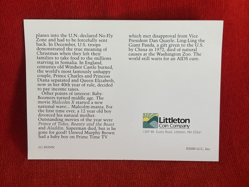 1992 US Proof Set Divider Card Aqua Border