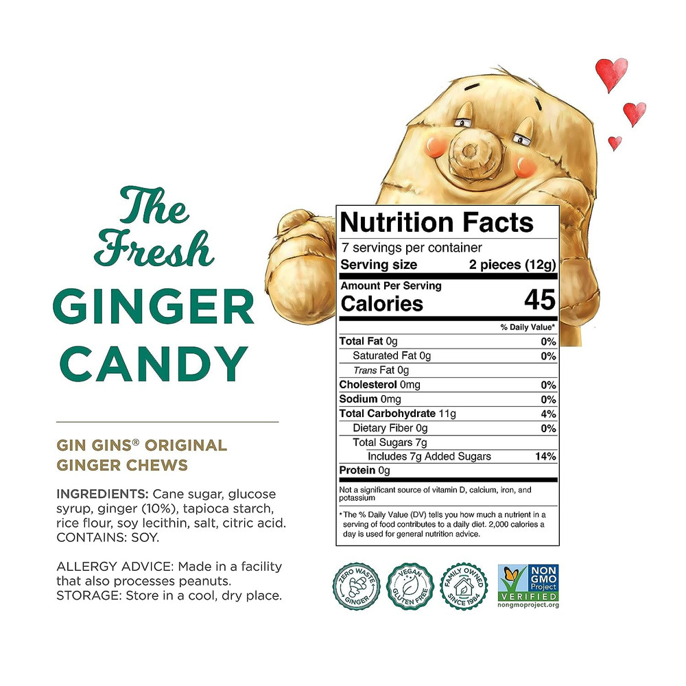 Gin Gins Original Ginger Chews, Individually Wrapped Candy, 3 Oz Bag
