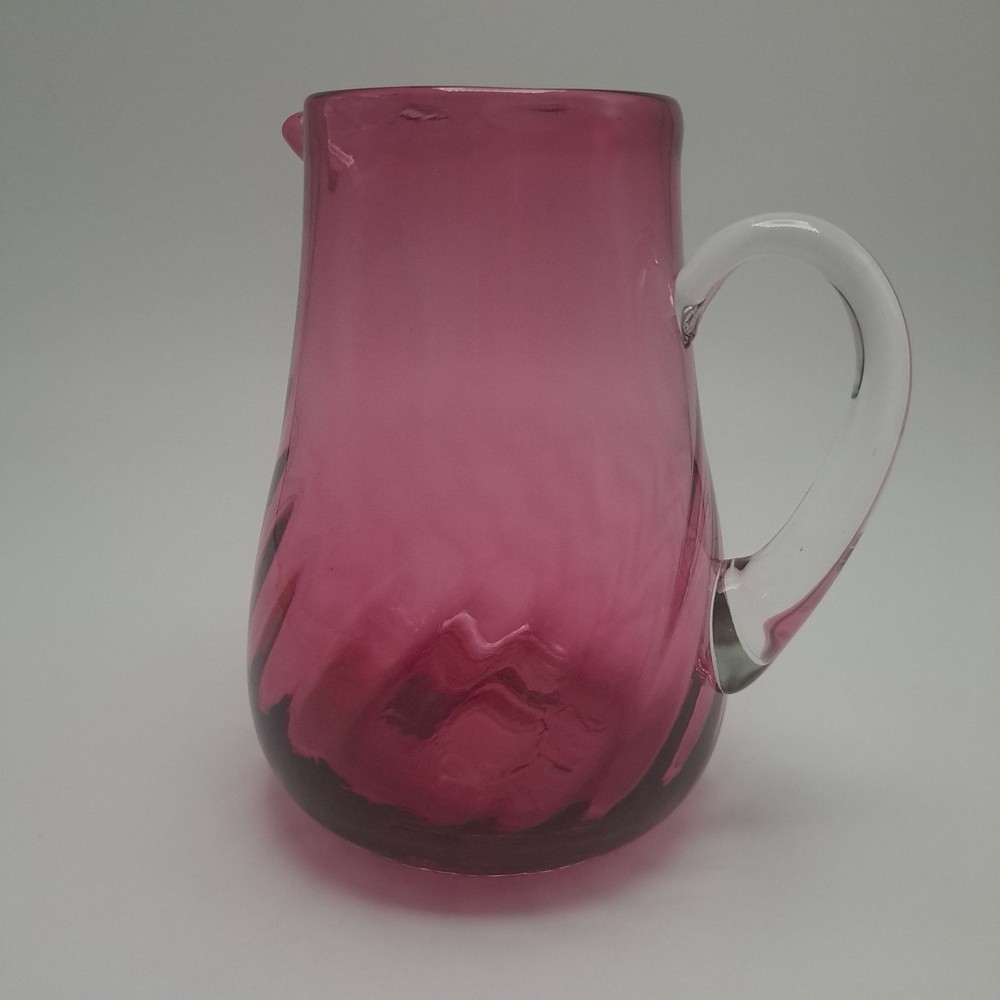 Hand Blown Pilgrim Cranberry Glass Pitcher Applied Clear Handle