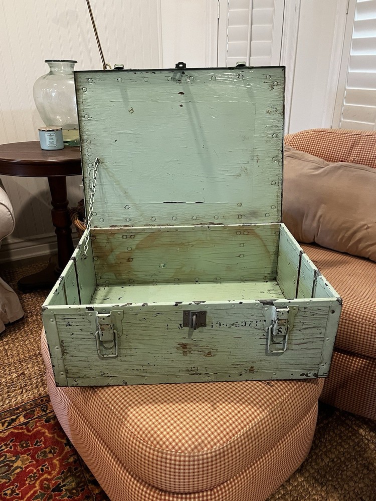 Antique Chippy Teal Wood Trunk