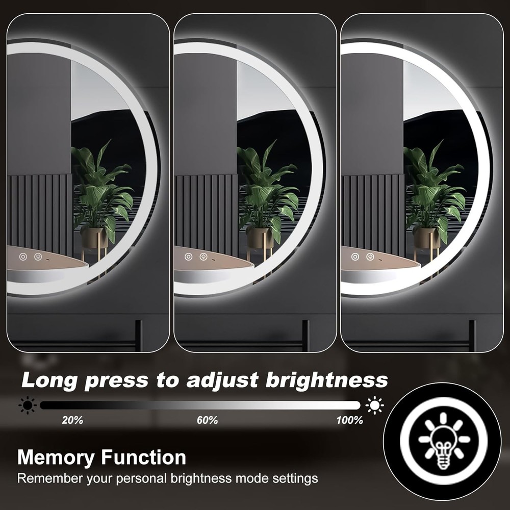 Round LED Bathroom Vanity Mirror,Anti-Fog,Dimmable,3-Color Light,Memory Function