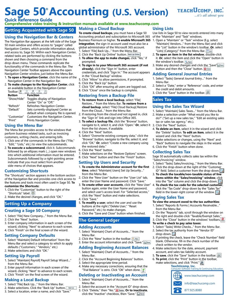 Sage 50 Training Guide Quick Reference Card 4 Page Cheat Sheet Instructions