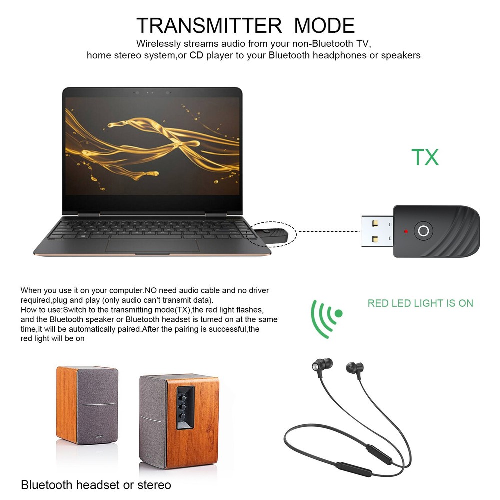 Wireless USB Bluetooth 5.0 Audio Transmitter Receiver Adapter For PC TV Car